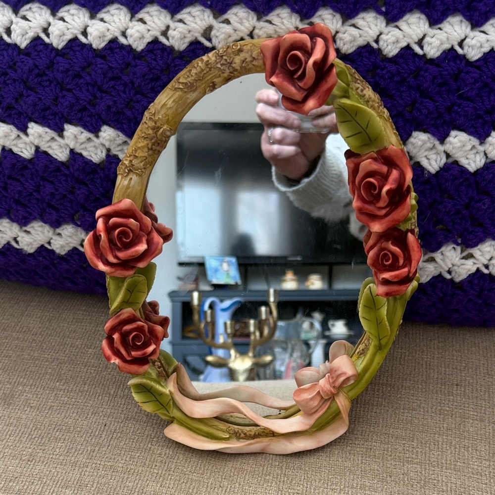 Vintage Hollywood Regency Style Floral Oval Mirror with Red Roses
